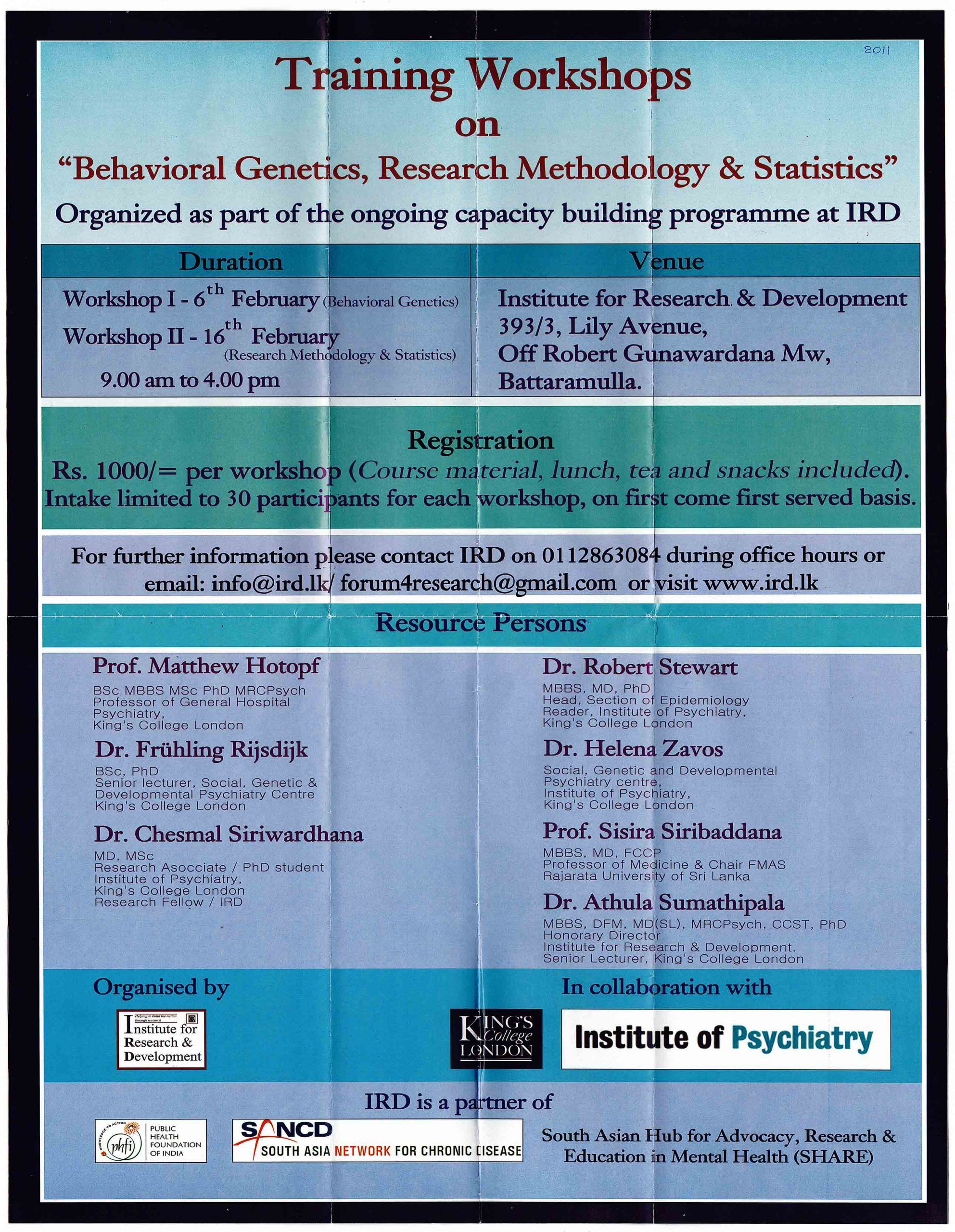 Training Workshop on Research Methodology & Statistics