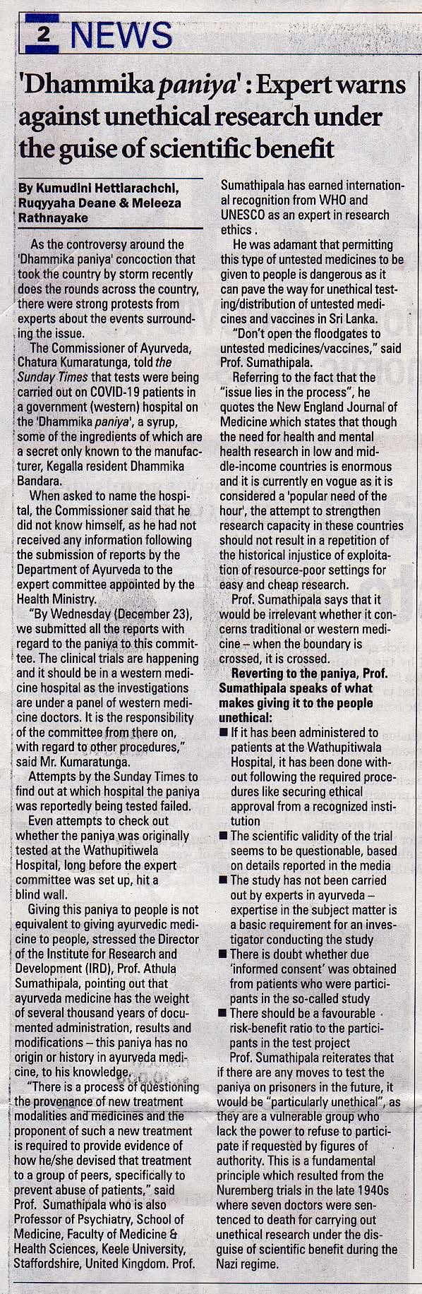 Dhammika paniya Expert warns against unethical research under the guise of scientific benefit