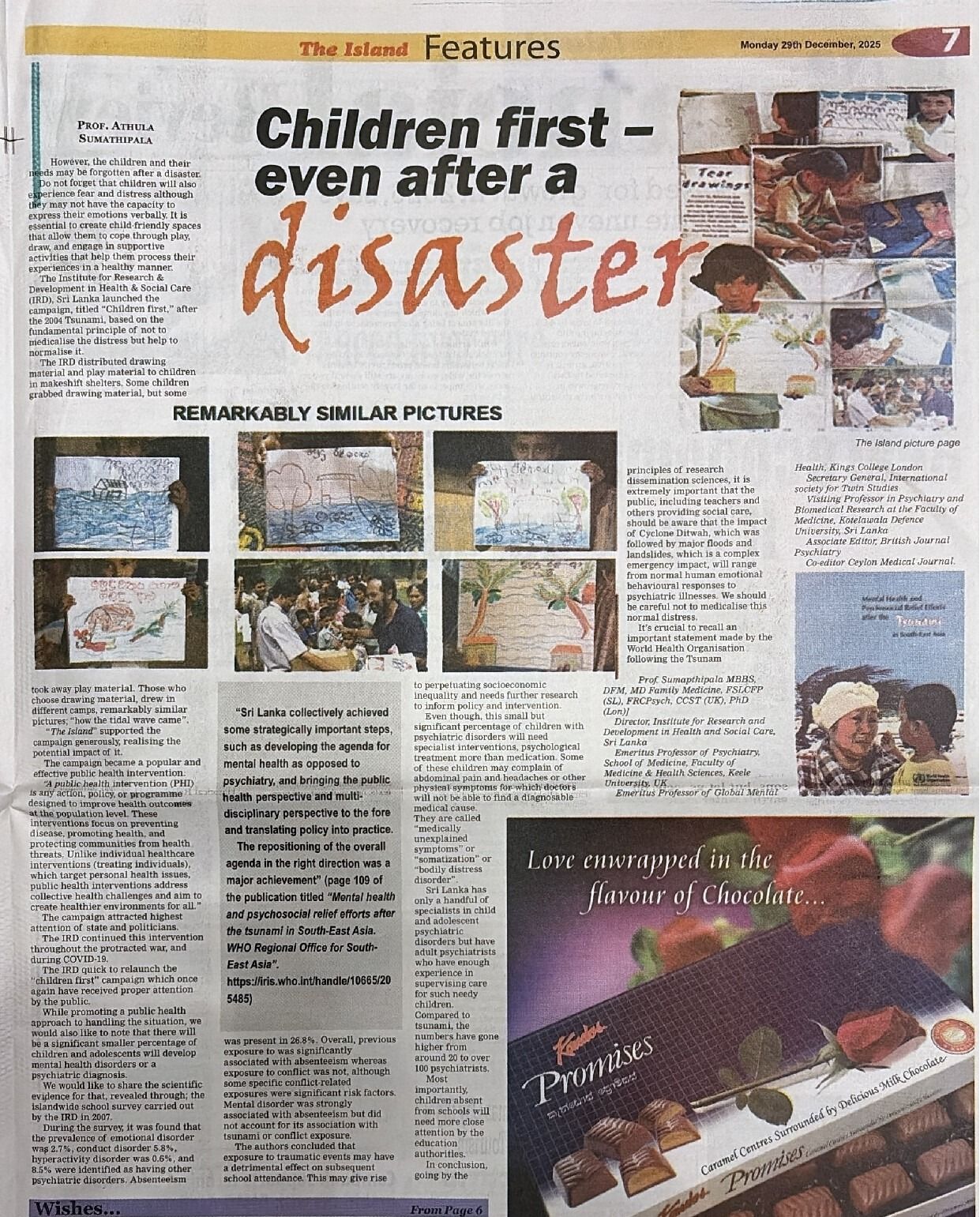 An article by Prof. Athula Sumathipala, published in The Island newspaper, highlighting the importance of prioritising children’s well-being even after disasters.