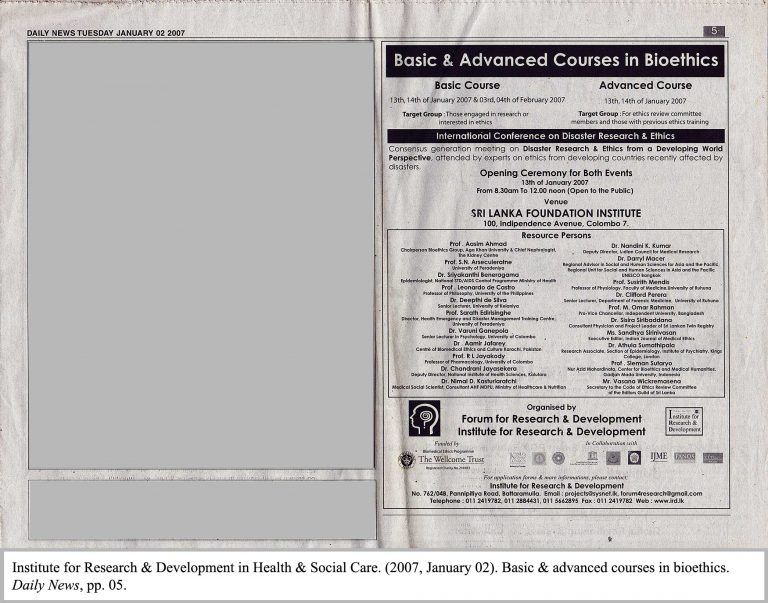 Basic &amp; Advanced Courses in Bioethics