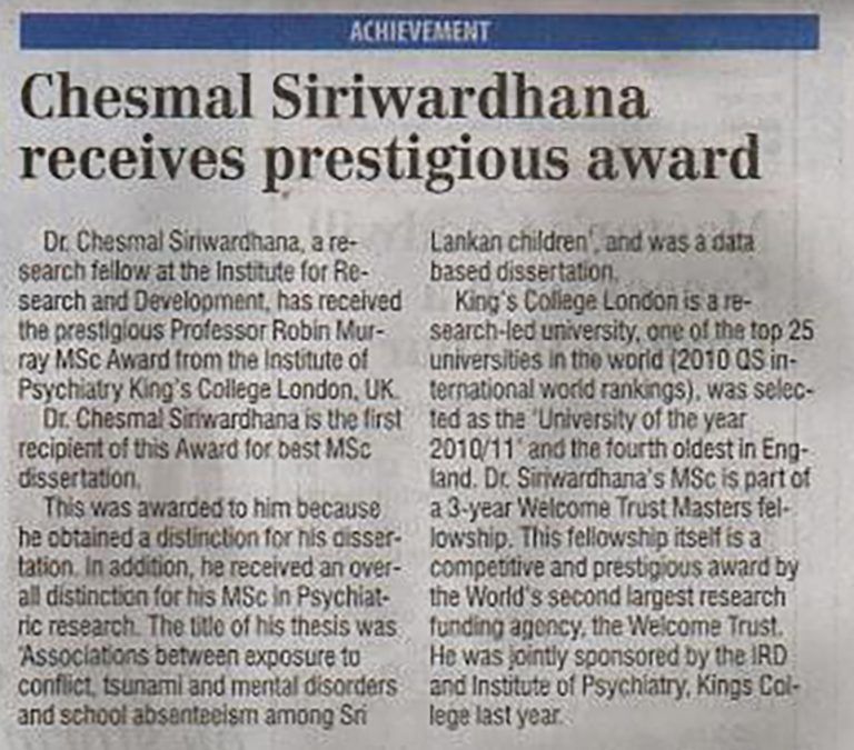 Chesmal Siriwardhana receives prestigious award