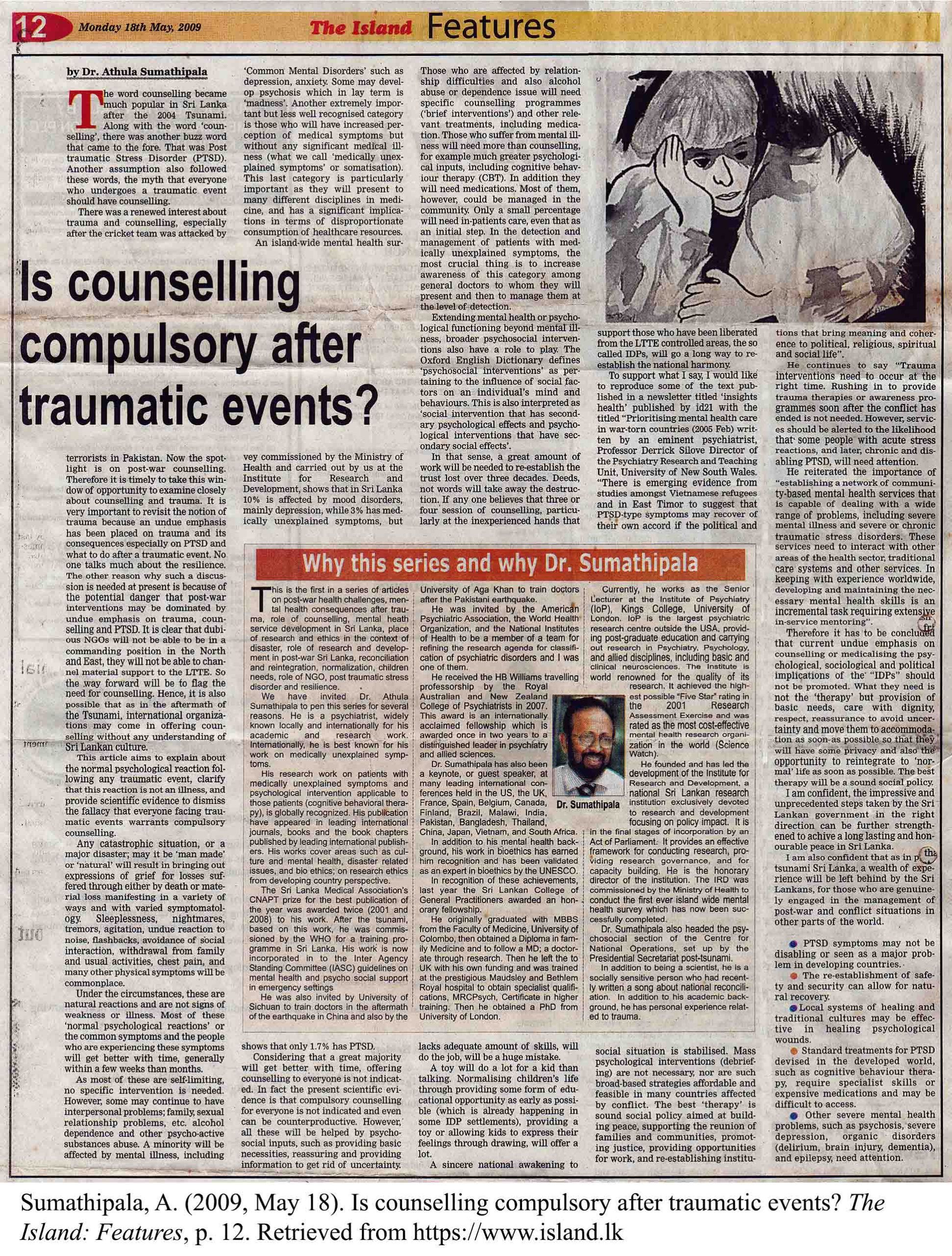 Is counselling compulsory after traumatic events?