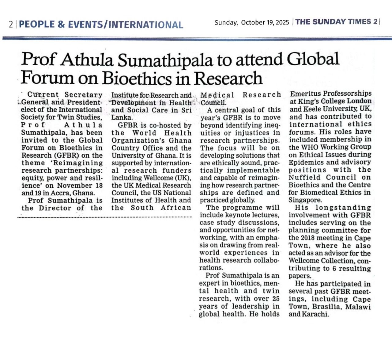 Prof. Athula Sumathipala to Attend Global Forum on Bioethics in Research 2025